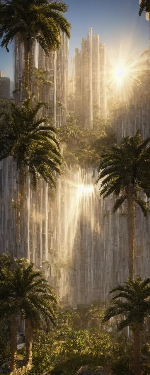 Prompt: photorealistic photo a contemporary babylon tower, golden details, sacred geometry architecture, cascading highrise, arid mountains with lush palm forest, sunlight, god rays, post - production, octane, cgi, sfx