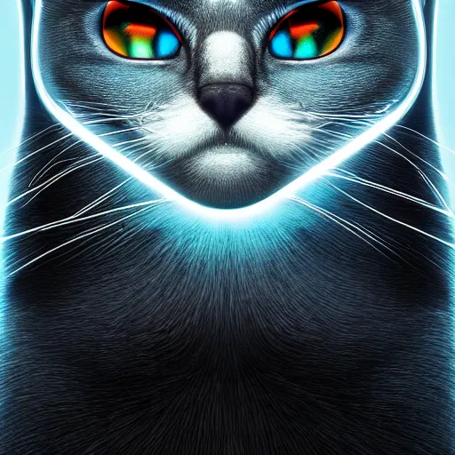 Image similar to chrome cat, glossy, metallic, neon, symmetrical, tribal patterns, realistic, unreal engine, octane, redshift, artstation, behance