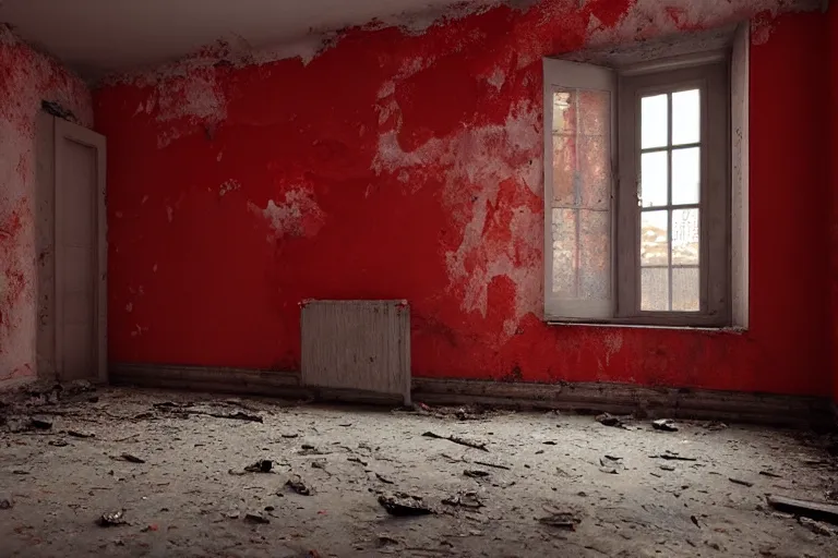 Prompt: ruined, abandoned polish bedroom, seen from inside. Strong red light falls through the broken windows. Dirt, leaves on ground. Unreal Engine. Substance painter. Zbrush. Trending on artstation. 8K. Red colorscheme. Highly detailed.