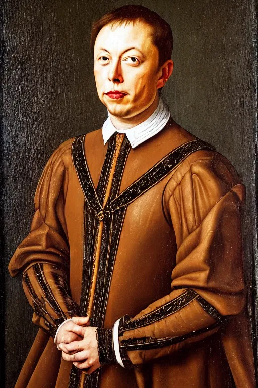 Image similar to renaissance 1 6 0 0 portrait of elon musk, oil painting by jan van eyck, northern renaissance art, oil on canvas, wet - on - wet technique, realistic, expressive emotions, intricate textures, illusionistic detail