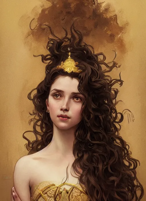Prompt: medium-length portrait of a female princess with long curly hair and brown eyes, dark brown skin, happy expression, wears a beautiful flowing gown, medieval setting, highly detailed, digital painting, artstation, concept art, sharp focus, illustration, art by greg rutkowski and alphonse mucha