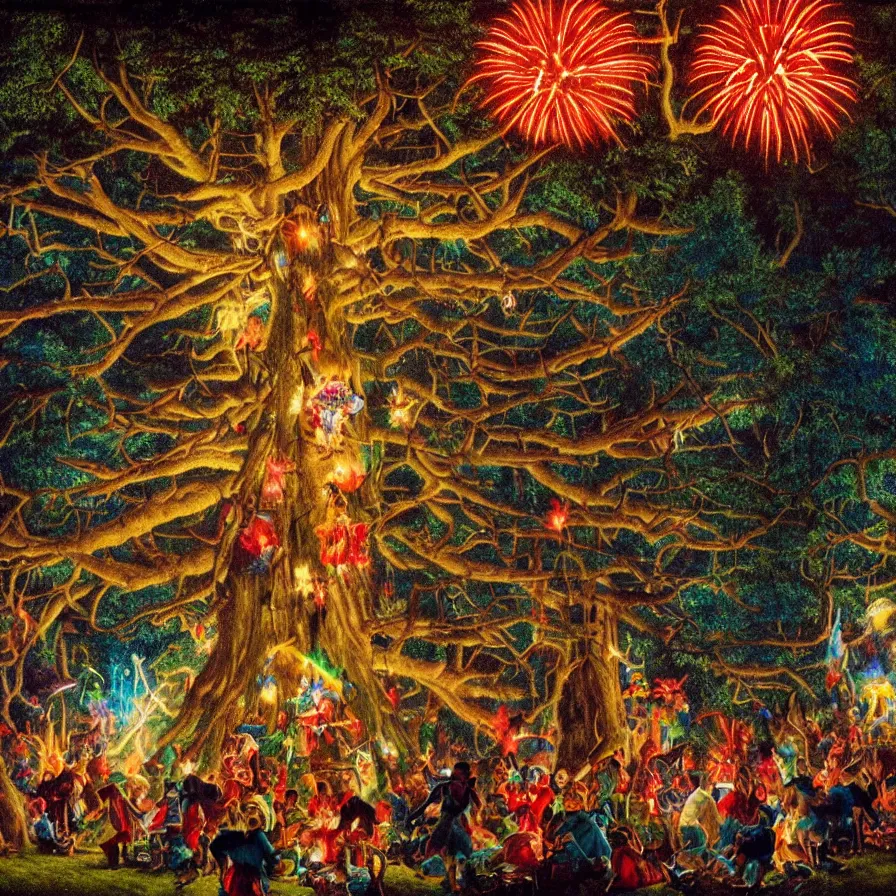 Image similar to closeup of a night carnival inside a tree cavity in a magical forest in the middle of a summer storm, with a music scenario with many fireworks and christmas lights, volumetric lightning, instense god rays in the sky, folklore people disguised with fantastic creatures in a magical forest by summer night, masterpiece painted by norman rockwell, very coherent and colorful high contrast masterpiece,