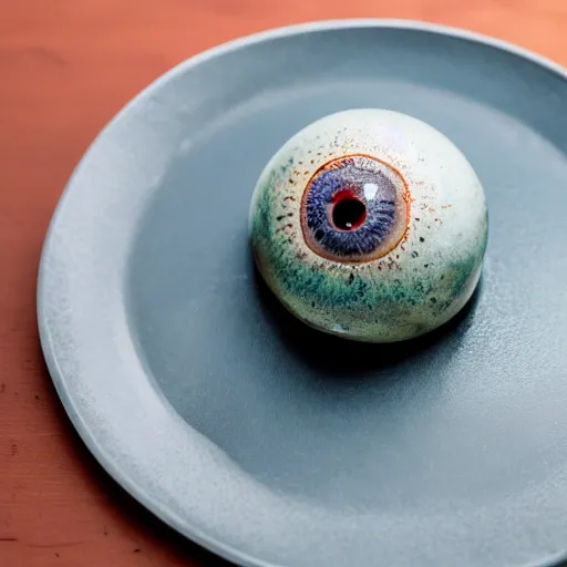 Prompt: an eyeball sitting on a plate and slowly deflating while leaking a puddle of goo