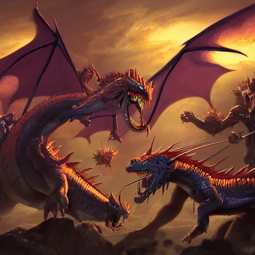 Prompt: a group on adventures fighting a mighty dragon, by Keith Parkinson