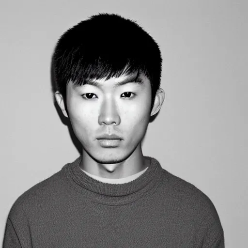 Image similar to A mugshot of a young Asian man, wearing a white baggy sweater, bowl cut hair