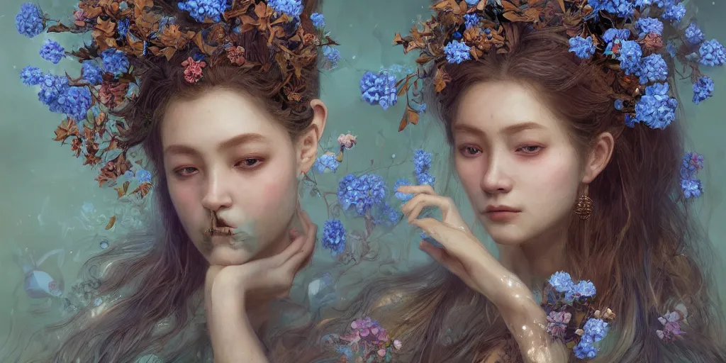 Image similar to breathtaking detailed concept art painting portrait of the hugs goddess of light blue flowers, carroty hair, orthodox saint, with anxious piercing eyes, ornate background, amalgamation of leaves and flowers, by hsiao - ron cheng, extremely moody lighting, 8 k