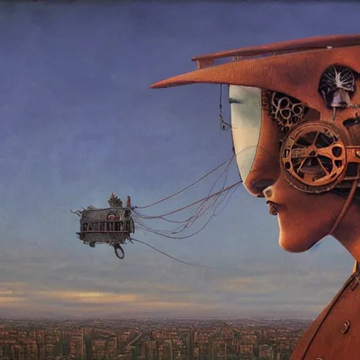Prompt: a hyperrealistic painting of a steampunk uma thurman, blue skies, by john kenn mortensen and zdzislaw beksinski, highly detailed, vivid color,