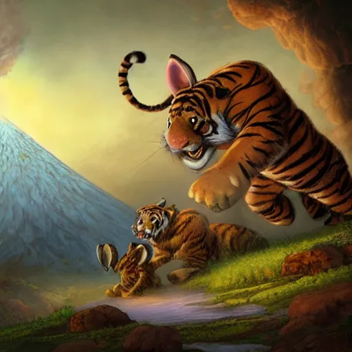 Image similar to tiger, rabbit and elephant running away from a volcano by justin gerard, deviantart