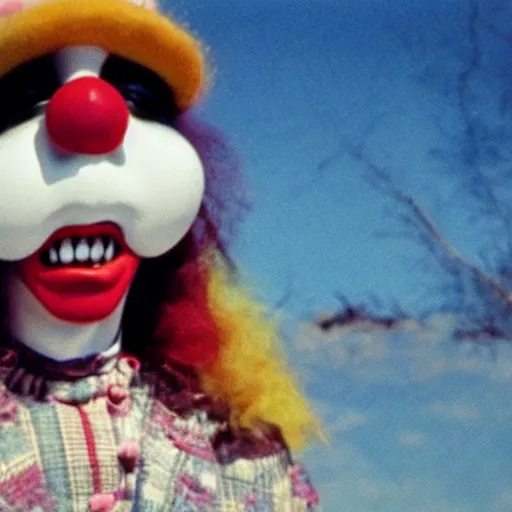 Prompt: wide scenic shot from the scene from the holy mountain where the conjoined child clowns play. The child clowns are conjoined at the head and neck, they share one head. Cinematic, VHS copy, film grain, 35mm film.