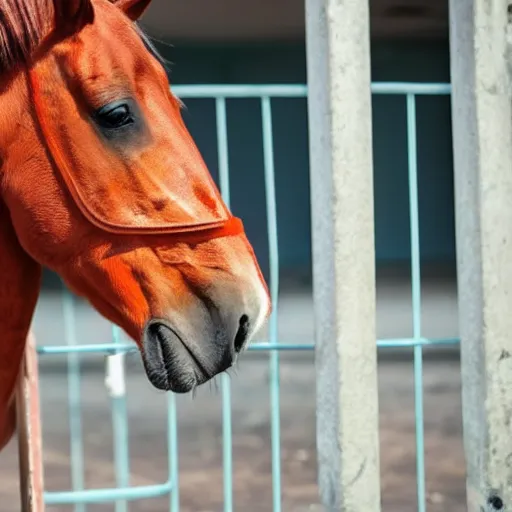 Image similar to horse with orange inmate clothes, in a jail