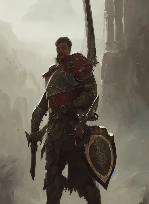 Image similar to portrait of character holding a paladin engraved longsword and carrying a big shield, concept art, by Greg Rutkowski