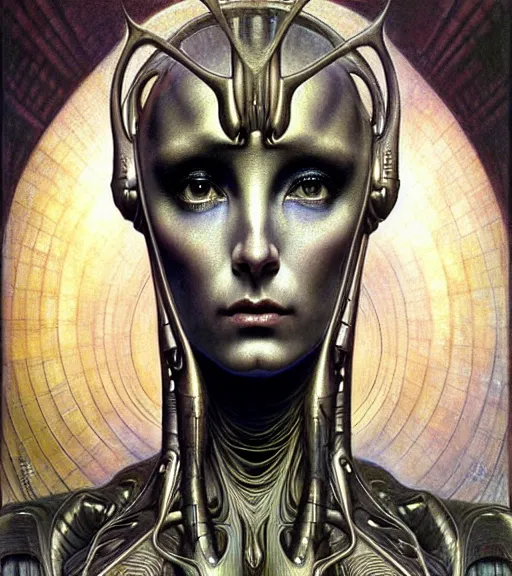 Image similar to detailed realistic beautiful young cher alien robot as queen of mars face portrait by jean delville, gustave dore and marco mazzoni, art nouveau, symbolist, visionary, gothic, pre - raphaelite. horizontal symmetry by zdzisław beksinski, iris van herpen, raymond swanland and alphonse mucha. highly detailed, hyper - real, beautiful