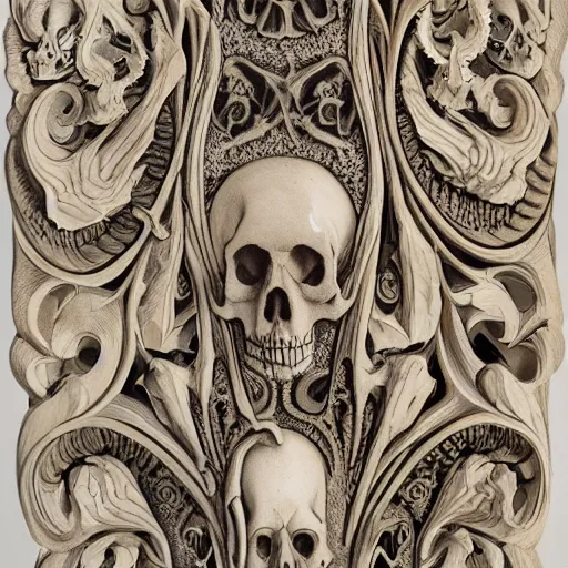 Prompt: memento mori detailed art nouveau bone carving by arthur rackham, gothic, intricately carved antique bone, skulls, 8 k 3 d, 8 k resolution