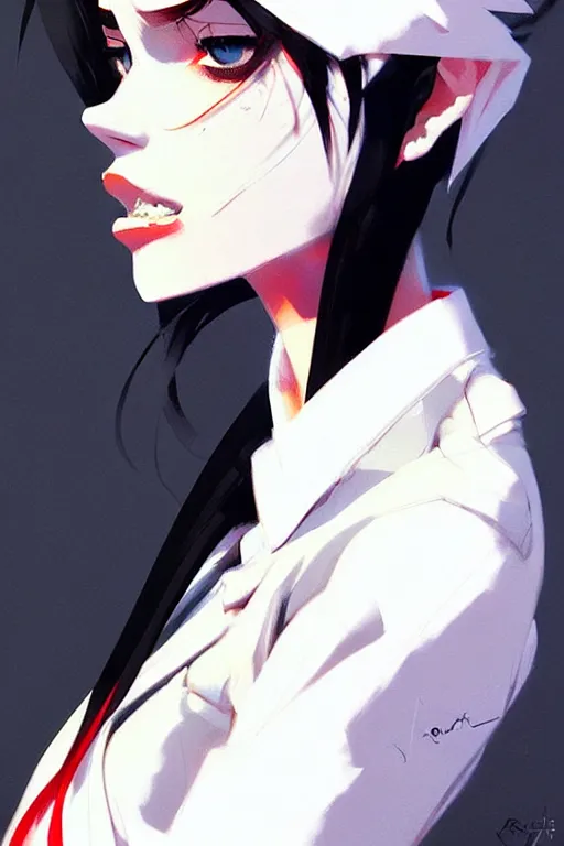 Image similar to a ultradetailed beautiful panting of a stylish woman, she is wearing a white shirt with a tie and black pants, by conrad roset, greg rutkowski and makoto shinkai trending on artstation