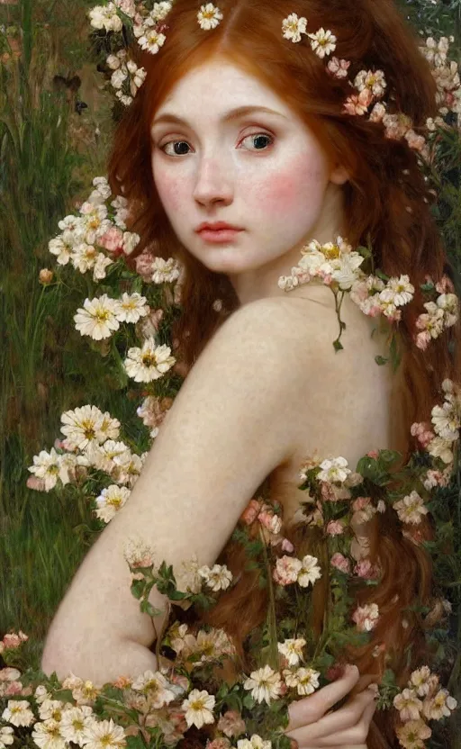 Image similar to a realistic oil painting of a girl resembling karen gillan, covered in flowers, highly detailed, intricate, detailed background, artstation, by mucha, by william adolphe bouguereau, by waterhouse