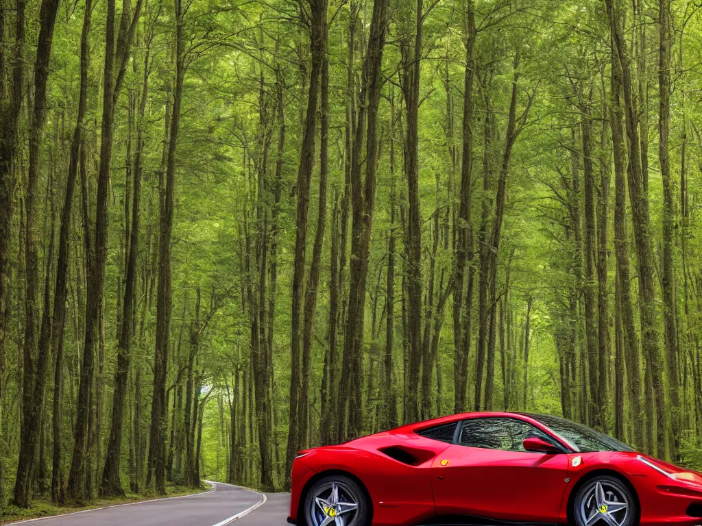 Prompt: one red ferrari minivan driving down a road in a forest. centered in frame, advertisement, motion blur, ad, focus, centered, ferrari, aesthetic, car advertisement, photograph, realistic, bokeh