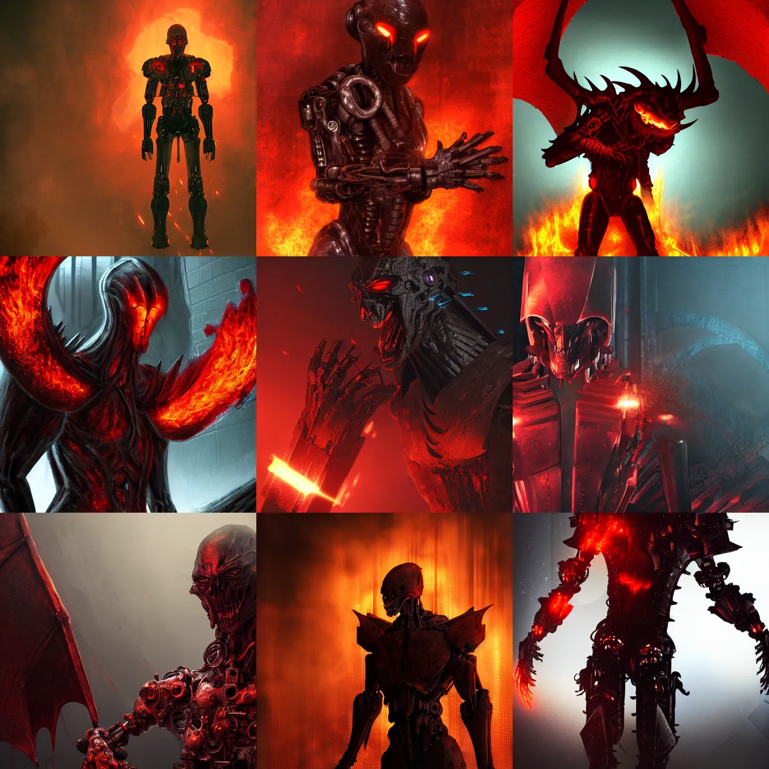 Prompt: ominous cybernetic humanoid figure with a body of dark red matte thick metal scratched block plates as scales, epic fantasy artwork, evil, gritty, matte, dragon - like, burning scene in the background, volumetric lighting