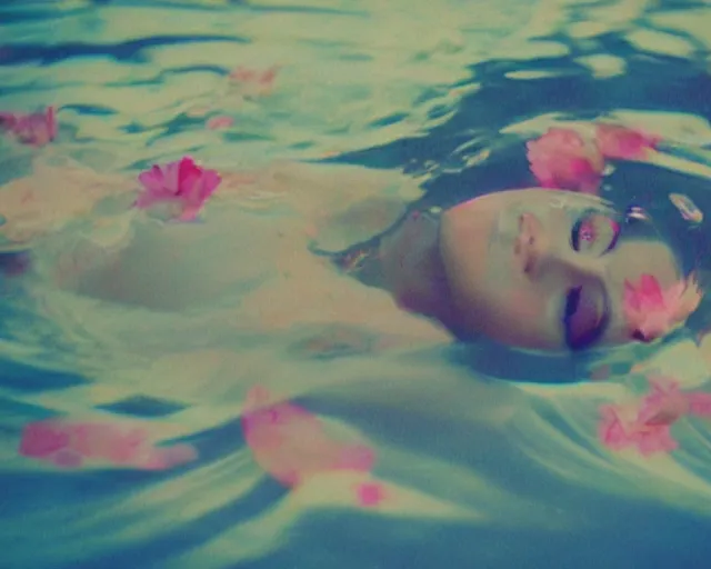 Prompt: oversaturated, burned, light leak, expired film, photo of a woman's serene face submerged in a flowery milkbath, rippling liquid, vintage glow, vhs tape fuzz