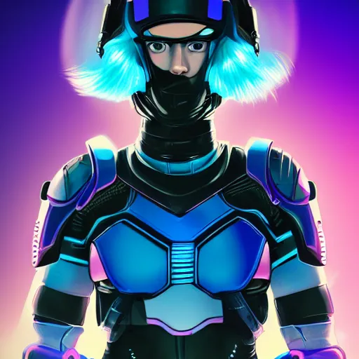 Prompt: a stunning upper body portrait of a beautiful young woman wearing futuristic navy blue and teal battle bodyarmor with pauldrons and inset glowing fine neon lines and ombre purple and pink hairstyle with hair blowing in the wind, by marvel comics, highly detailed, fine detail, intricate, digital art, trending on artstation