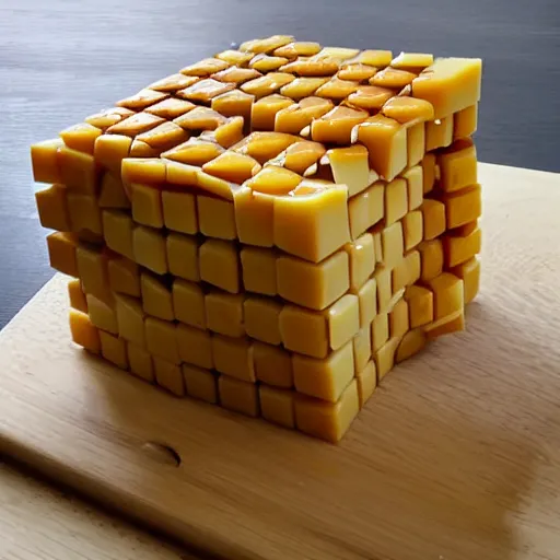 Image similar to a rubiks's cube made of gruyere, on a chees board