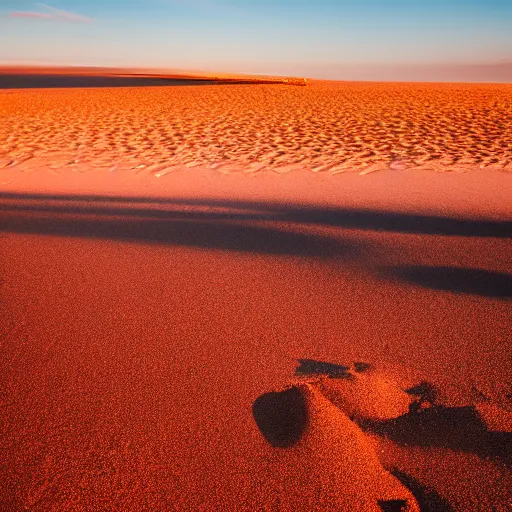 Prompt: Australian Beach, red!! sand, golden hour, Canon EOS R3, f/1.4, ISO 200, 1/160s, 8K, RAW, unedited, symmetrical balance, in-frame