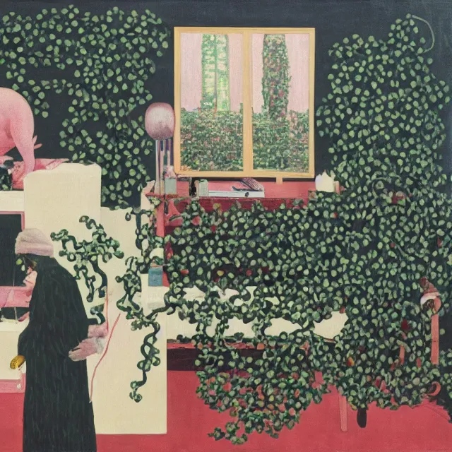 Image similar to a female pathology student in her apartment, wrapped in vines, medical equipment, stepping stones, octopus, first aid kit, pig, black walls, ikebana, black armchair, sculpture, acrylic on canvas, surrealist, by magritte and monet