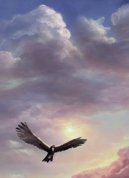 Image similar to a beautiful painting of a condor flying in the sky, matte painting, fantasy art