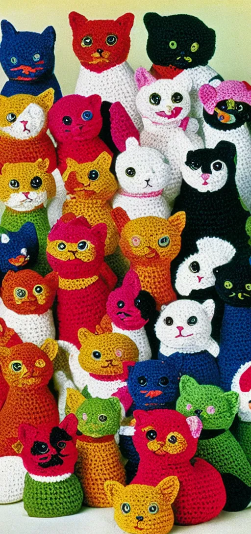 Image similar to multicolored crocheted cats, 1 9 8 0 s catalogue photo,