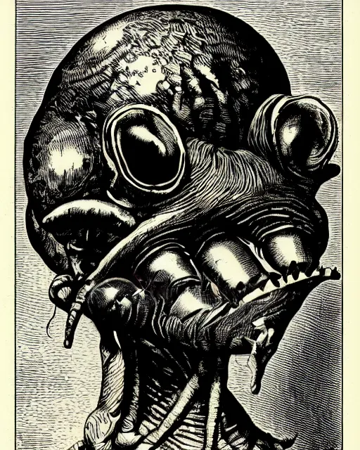 Prompt: 19th century wood-engraving of a bald cute and friendly humanoid living creature called Mudokon, whole page illustration from Jules Verne book titled Oddworld: Abe's Oddysee, art by Édouard Riou Jules Férat and Henri de Montaut, portrait, high quality, beautiful, highly detailed, removed watermarks