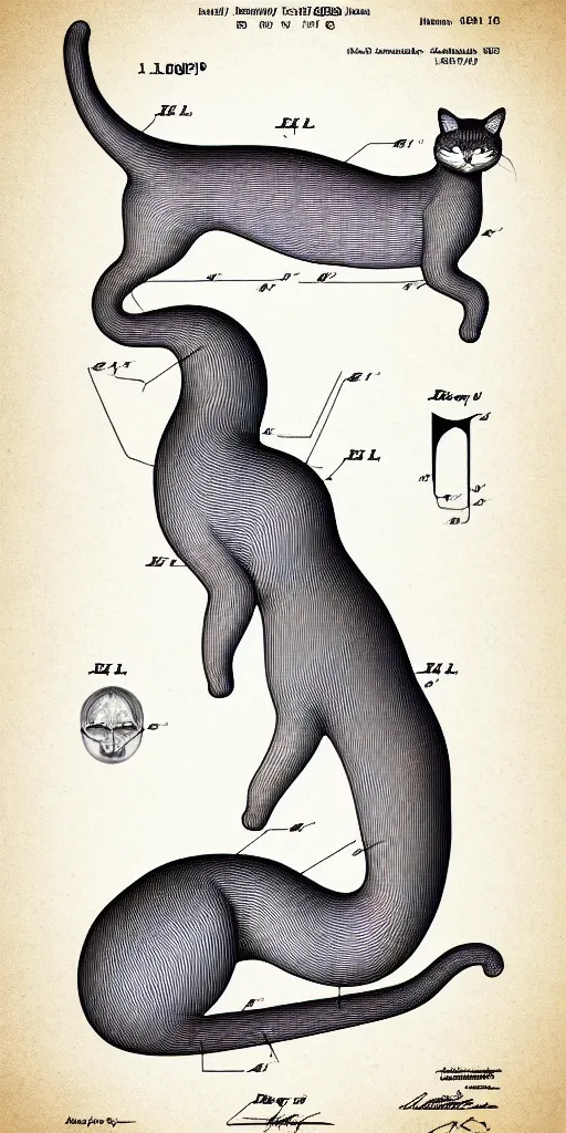 Prompt: anatomically correct scheme of the long cat, highly detailed, patent illustration, digital illustration, symmetry, concept art, smooth, sharp focus