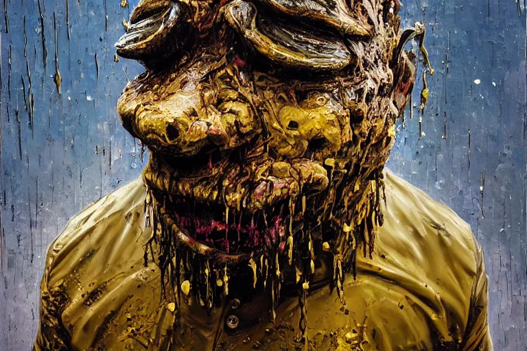 Prompt: palette knife oil painting of a mall security guard turning into a monster of mud and sludge., extreme detail, artstation trending, artgerm, deviant art, octane, substance, art history 8 k