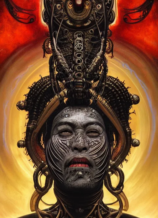 Prompt: masterpiece portrait of an biomechanical maori priest, surrounded by black liquid occult swirls, horror, dramatic lighting, h. r. giger, greg rutkowski, alphonse mucha, artgerm, donato giancola, tom bagshaw, trending on cgsociety, octane render, 8 k