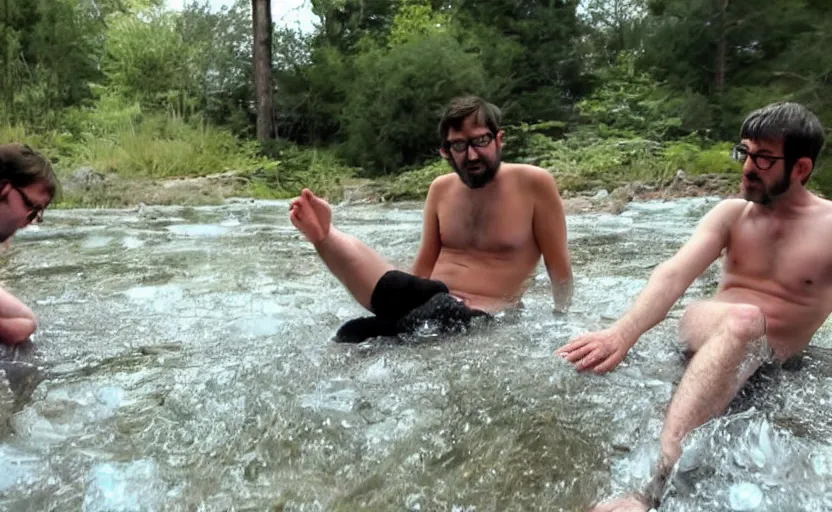 Image similar to Adam buxton and louis theroux have an ice bath, outside, cold, odd, depth of field, photorealistic