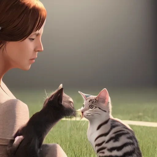 Image similar to two women playing with cats ; photorealistic ; unreal engine