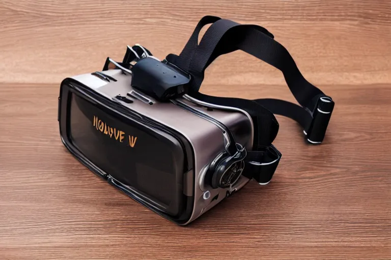 Prompt: a high quality product photography photoshoot of steampunk holowave virtual reality goggles
