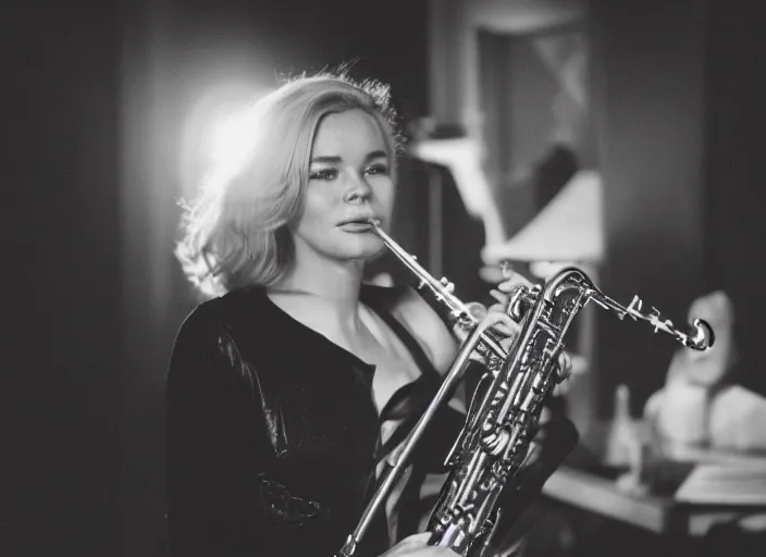 Prompt: photo still of tuesday weld playing a clarinet, 8 k, studio lighting bright ambient lighting key light, 8 5 mm f 1. 8