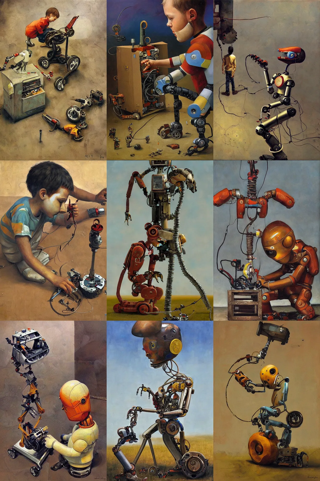 Prompt: a boy fixing his robot, part by Esao Andrews, low angle, oil on canvas