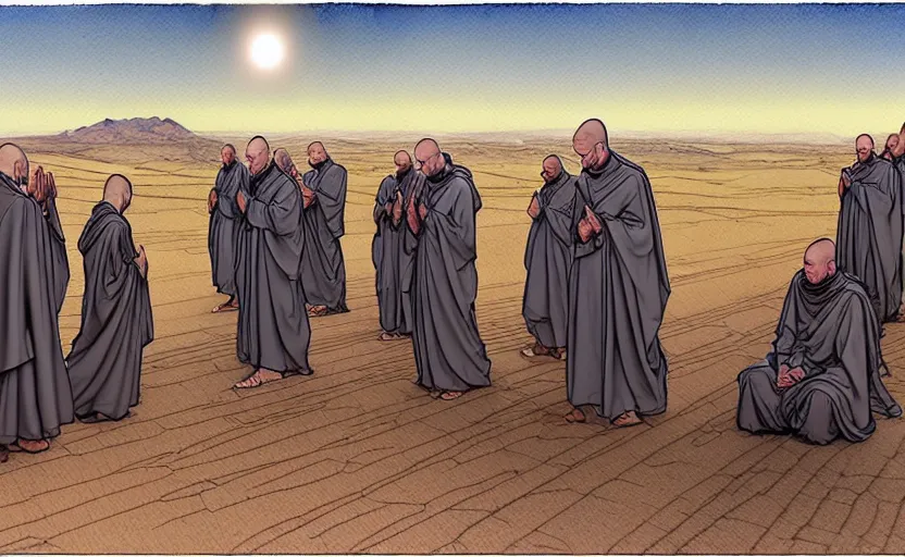 Prompt: a hyperrealist watercolour concept art of a group of medieval monks in grey robes kneeling in prayer on a desert road. a large steampunk ufo is above them in the sky. by rebecca guay, michael kaluta, charles vess and jean moebius giraud. high detail, hq, wide shot