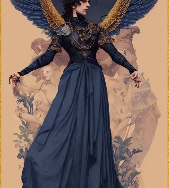 Image similar to god of death, young man, in the underworld, elegant dark blue dress, very detailed, throne, very intricate details, jewelry, gold line tattoos, elaborate long hairstyle, wings, cinematic, artstation, william bouguereau, alphonse mucha, greg rutkowski, rossdraws, octane render