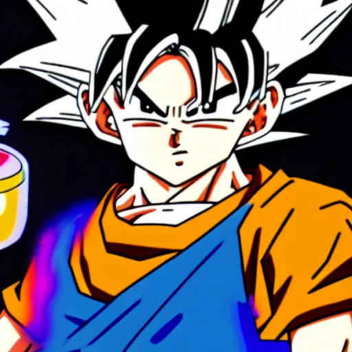 Image similar to goku from dragon ball drinking lean,