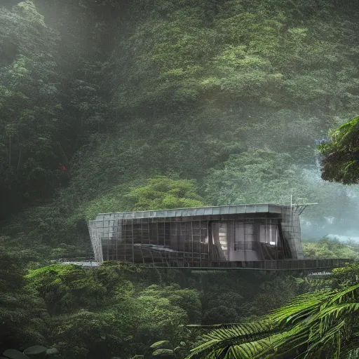 Image similar to extreme wide shot a futuristic containment building in a rainforest valley with a city in the distance, national geographic, hyper realistic, 4 k, warm light, the will to endure, artstation