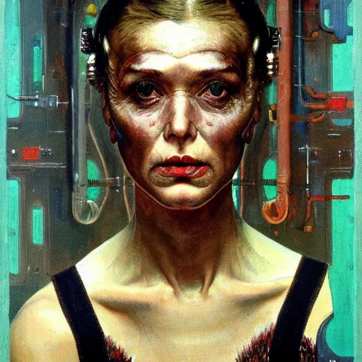 Prompt: Frontal portrait of a biopunk woman. A painting by Norman Rockwell.