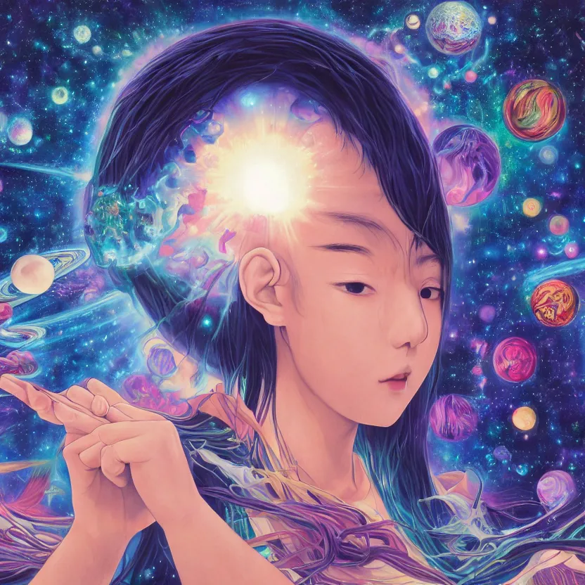 Prompt: a photorealistic detailed spherical image of a jpop idol in saturn, spiritualism, wordly, utopian, triumphant, cinematic, epic, grandiose, unhinged, biology, surrealistic, by jason felix, dan mumford, kinkade, lisa frank, lois van baarle, ross tran, wpa, public works mural, orthodoxy