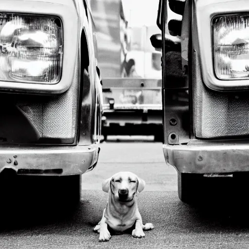 Prompt: a photo of two dogs sitting in front of the bus, hd award winning photograph, high detailed, 2001 style