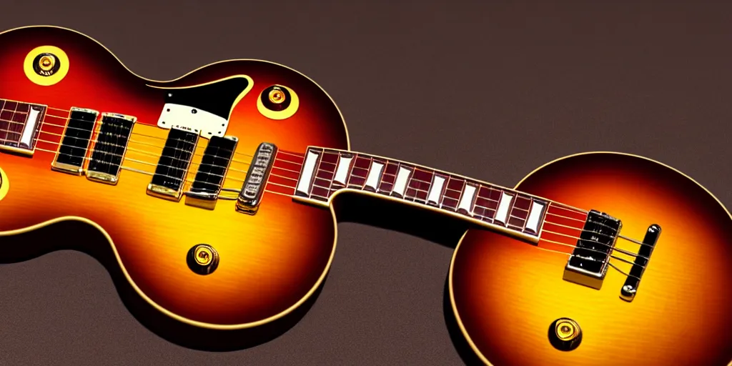 Image similar to award winning photograph of a gibson les paul vintage sunburst, 3 d hyperrealistic 8 k image style, detailed render, stunning studio photograph with dramatic lighting, depth of field