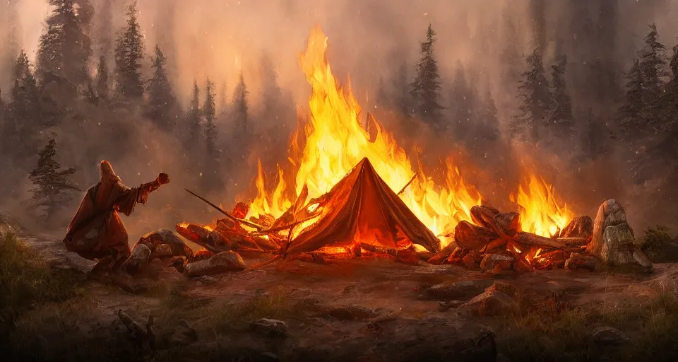 Prompt: an epic fantasy adventurer's tent left alone with a smoldering camp fire, 4 k, extremely detailed. award winning, trending on artstation, 8 k, ultra wide angle