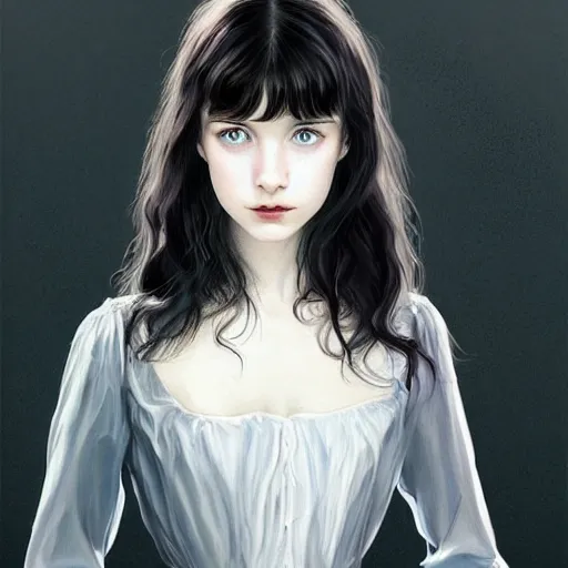 Image similar to english teenage girl with black hair, china blue eyes, pale glowing skin, beautiful sinister features, no makeup, elegant fashion model, young kate bush, wuthering heights, fantasy, intricate, elegant, dress shirt and tie, highly detailed, digital painting, artstation, concept art, smooth, sharp focus, illustration, art by Krenz Cushart and Artem Demura and alphonse mucha