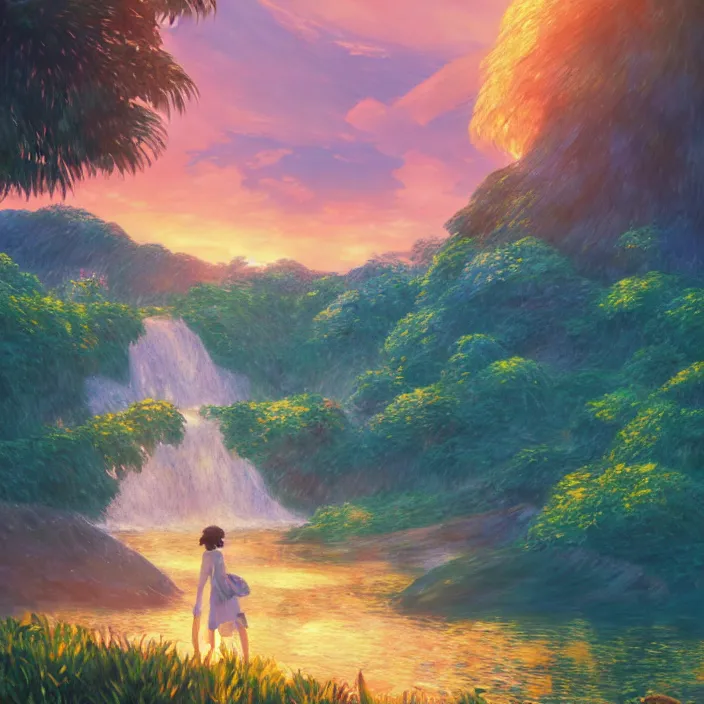 Image similar to an epic makoto shinkai and renoir landscape with a hawaiian waterfall, golden hour, 🌺, ultra smooth, lois van baarle, ilya kuvshinov, unreal engine, blender, trending on artstation, suntur, caleb worcester, highly detailed, photorealism, bloom effect 8 k