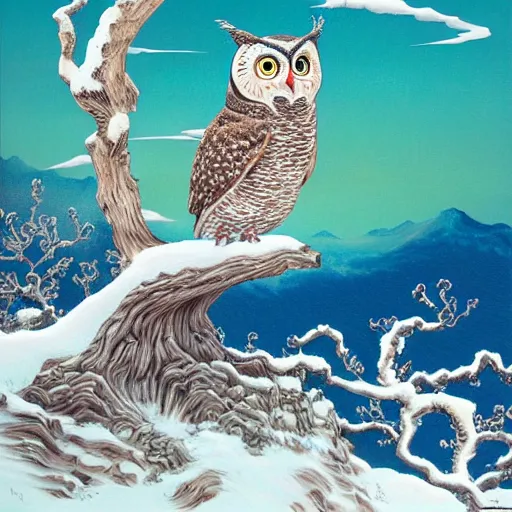 Image similar to a painting of an owl sitting on top of a snowy hill, a surrealist painting by Yoshitaka Amano, behance contest winner, pop surrealism, lovecraftian, ukiyo-e, detailed painting