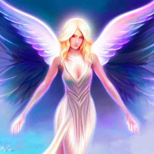 Image similar to Winged girl angel with blonde hair and glowing halo, iridescent, seraphim, fantasy, intricate, elegant, highly detailed, digital painting, artstation, concept art, smooth, sharp focus, illustration, art by PHAZED